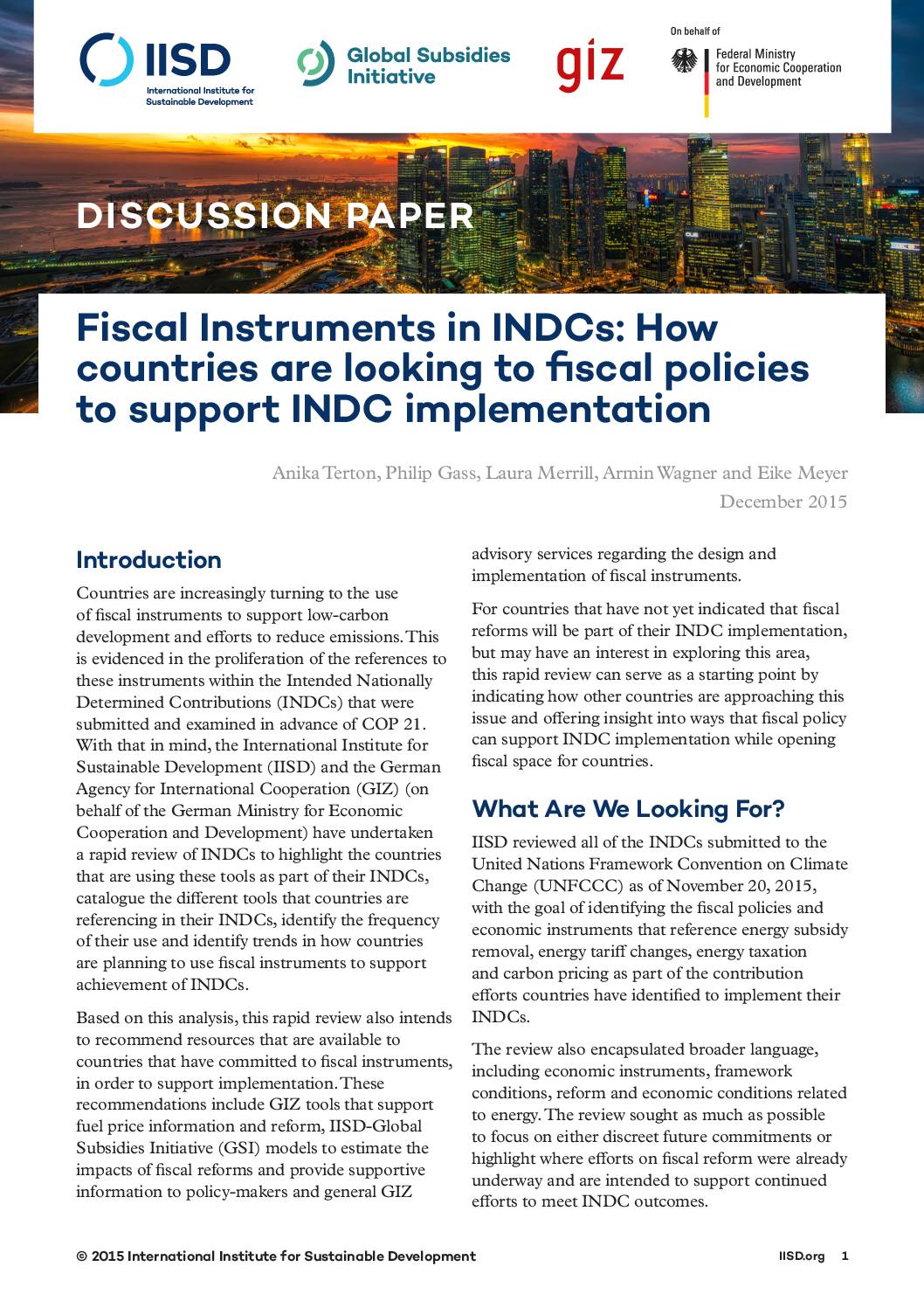 Fiscal Instruments in INDCs: How Countries are Looking to Fiscal Policies to Support INDC Implementation