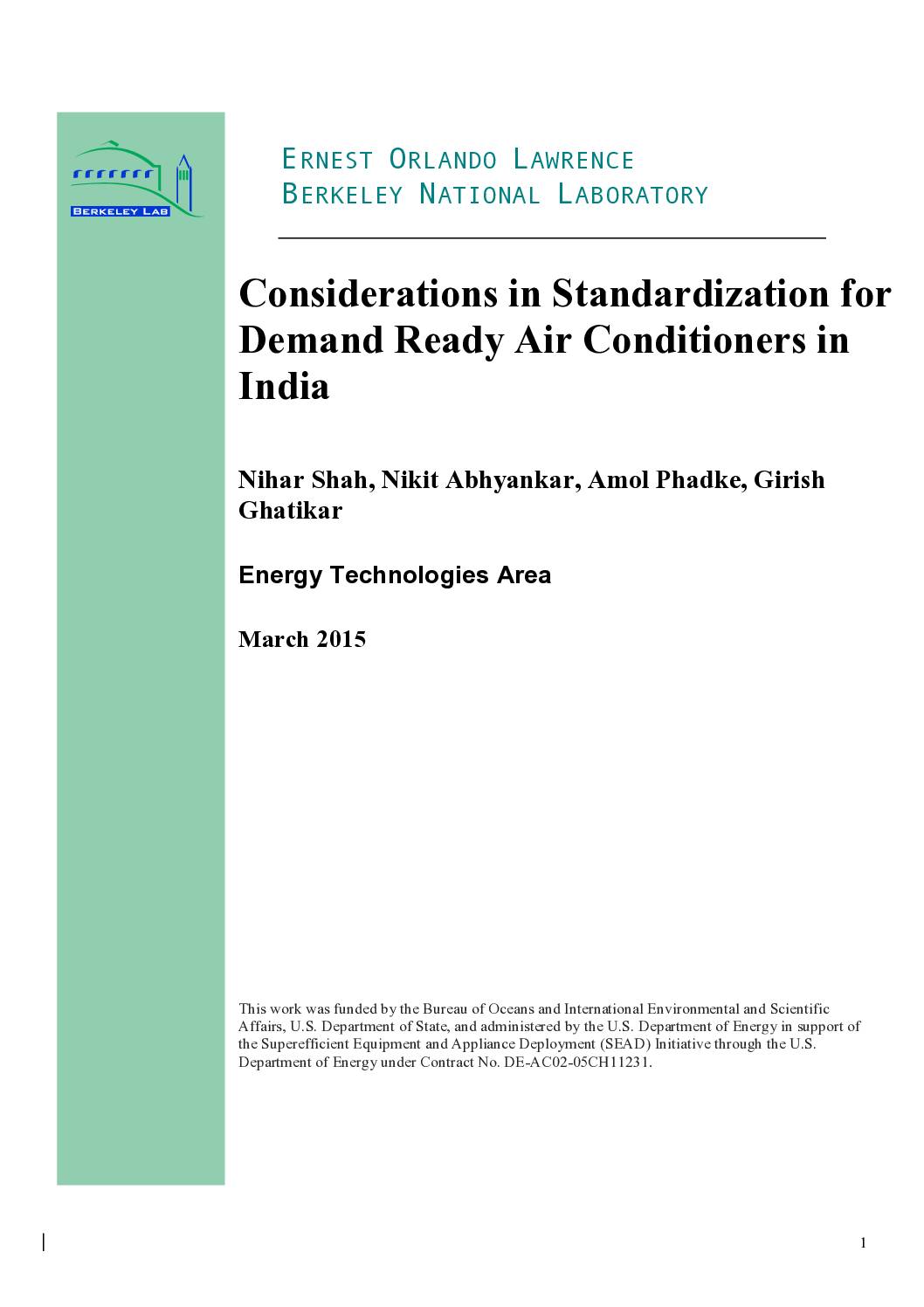Considerations in Standardization for Demand Ready Air Conditioners in India