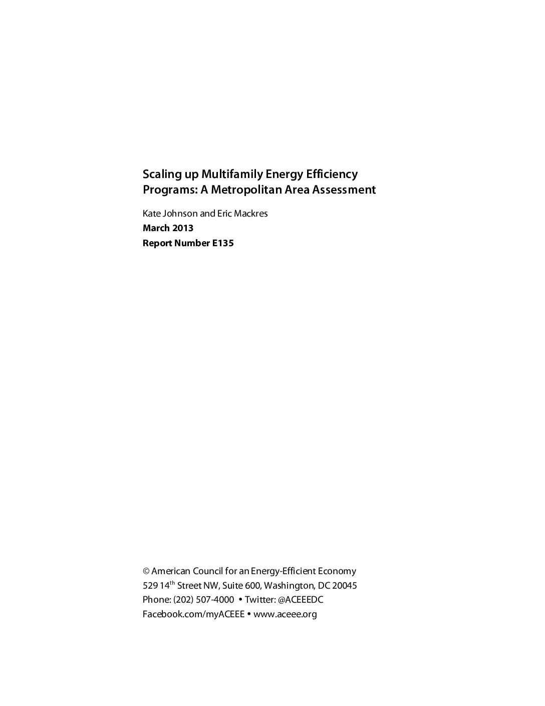 Scaling Up Multifamily Energy Efficiency Programs: A Metropolitan Area Assessment