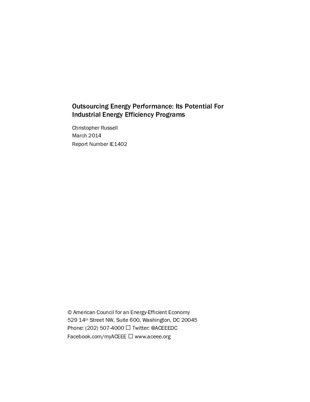 Outsourcing Energy Performance: Its Potential for Industrial Energy Efficiency Programs