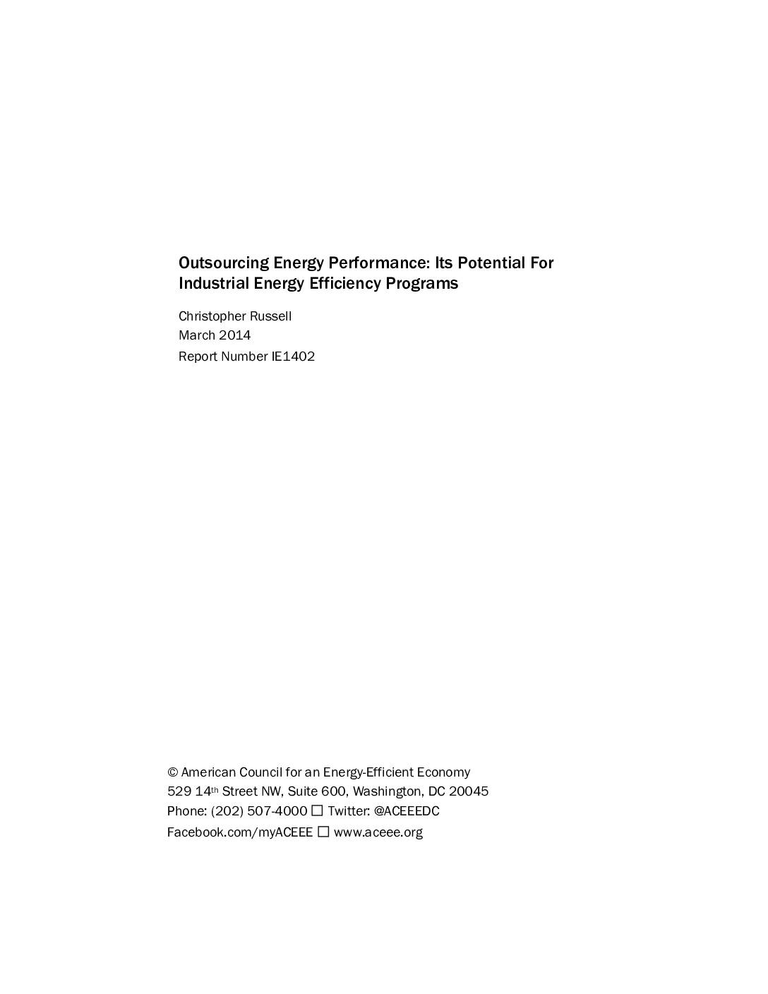 Outsourcing Energy Performance: Its Potential for Industrial Energy Efficiency Programs