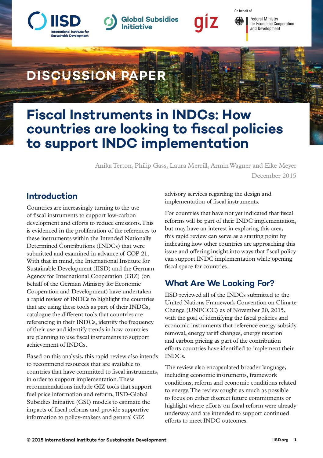 Fiscal Instruments in INDCs: How countries are looking to fiscal policies to support INDC implementation