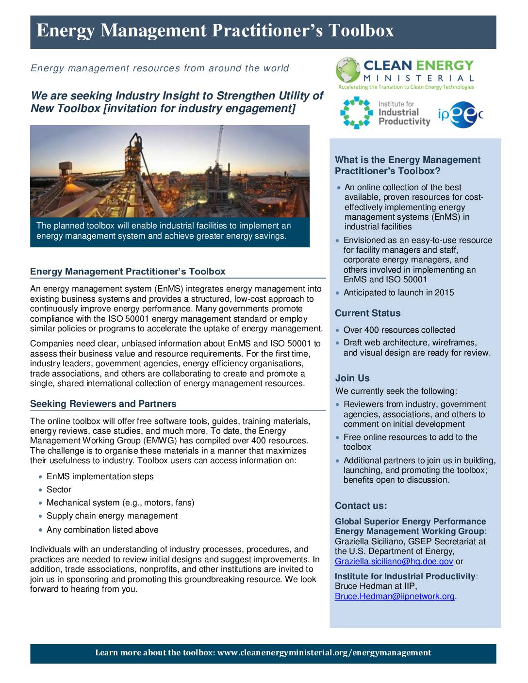 Energy Management Practitioner’s Toolbox – Invitation for Industry Engagement