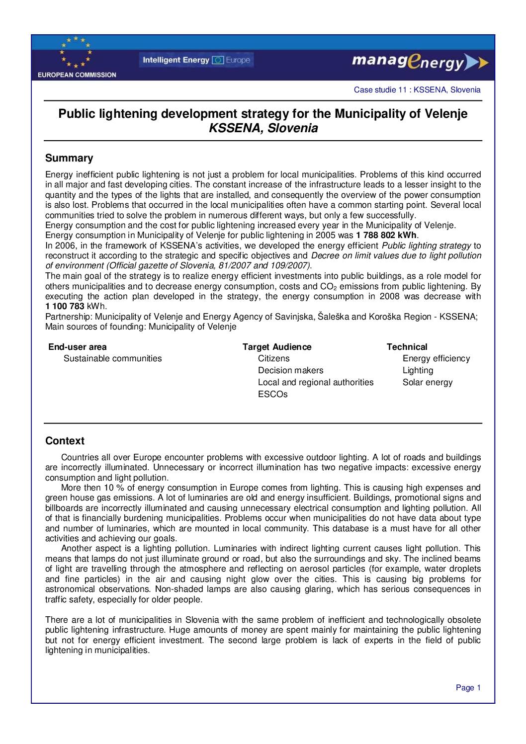 Public lightening development strategy for the Municipality of Velenje