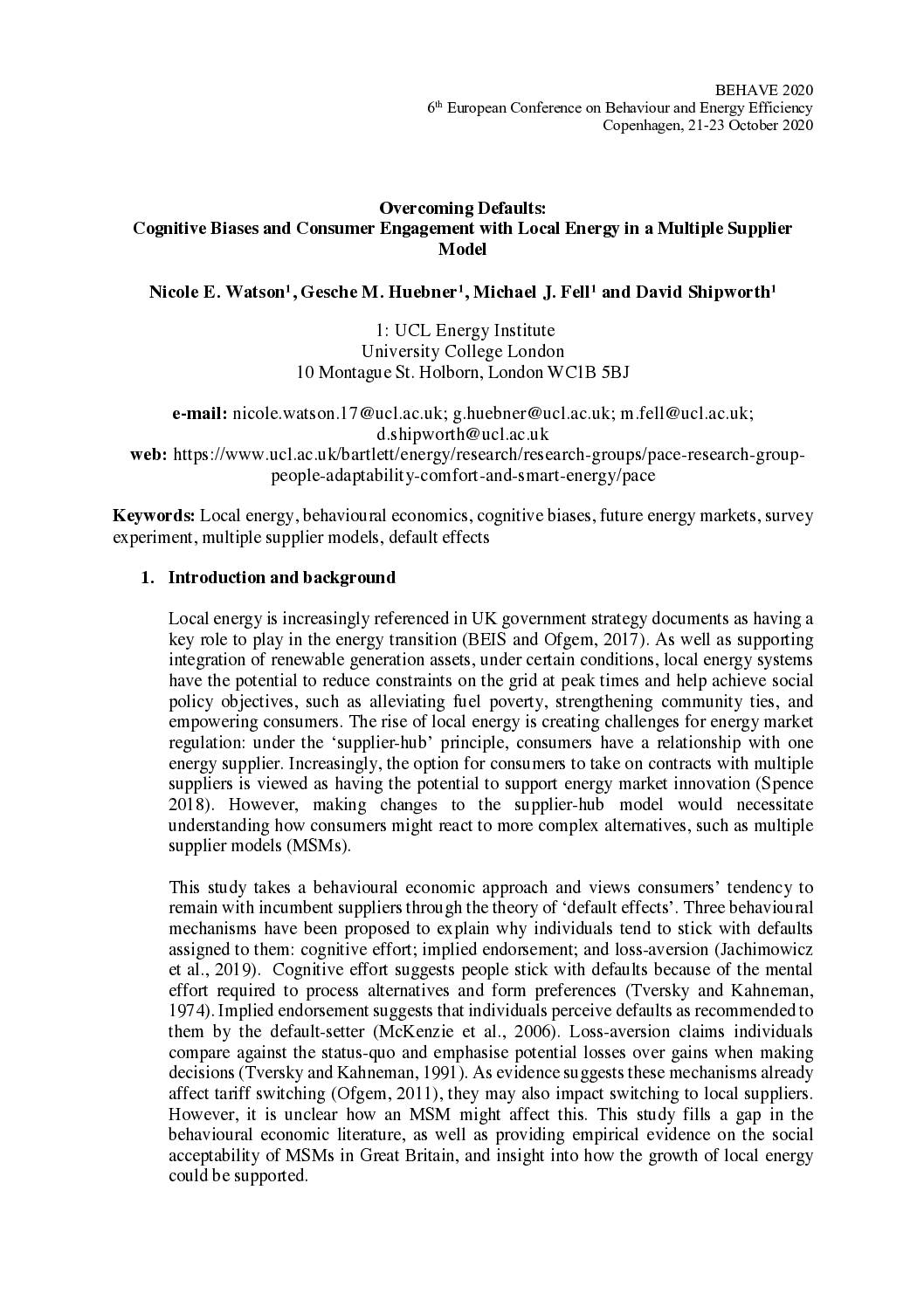 Cognitive Biases and Consumer Engagement with Local Energy in a Multiple Supplier Model