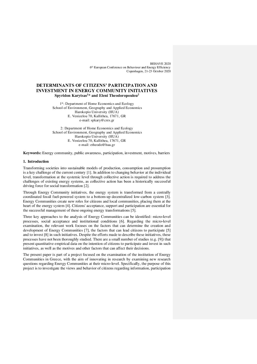 Determinants of citizens’ participation and investment in energy community initiatives