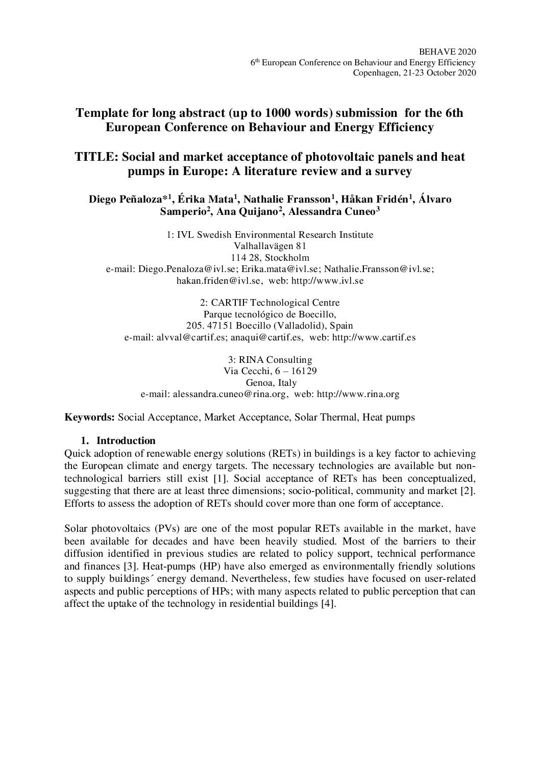 Social and market acceptance of photovoltaic panels and heat pumps in Europe: A literature review and a survey