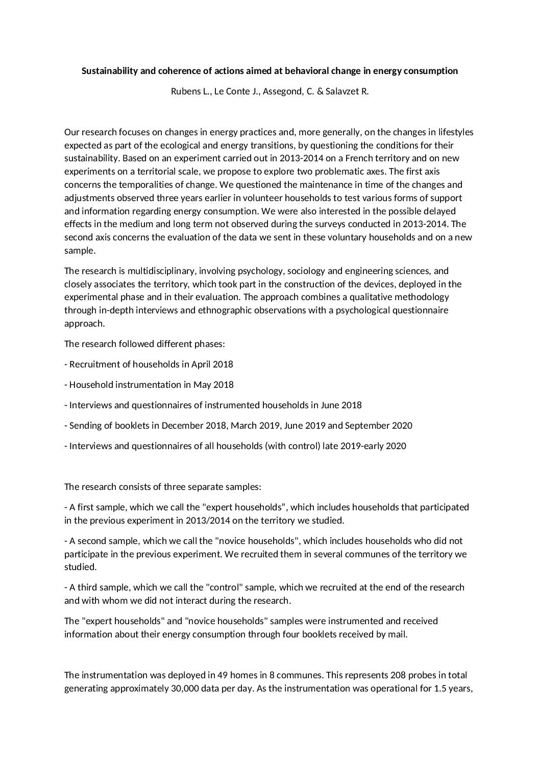 Sustainability and coherence of actions aimed at behavioral change in energy consumption