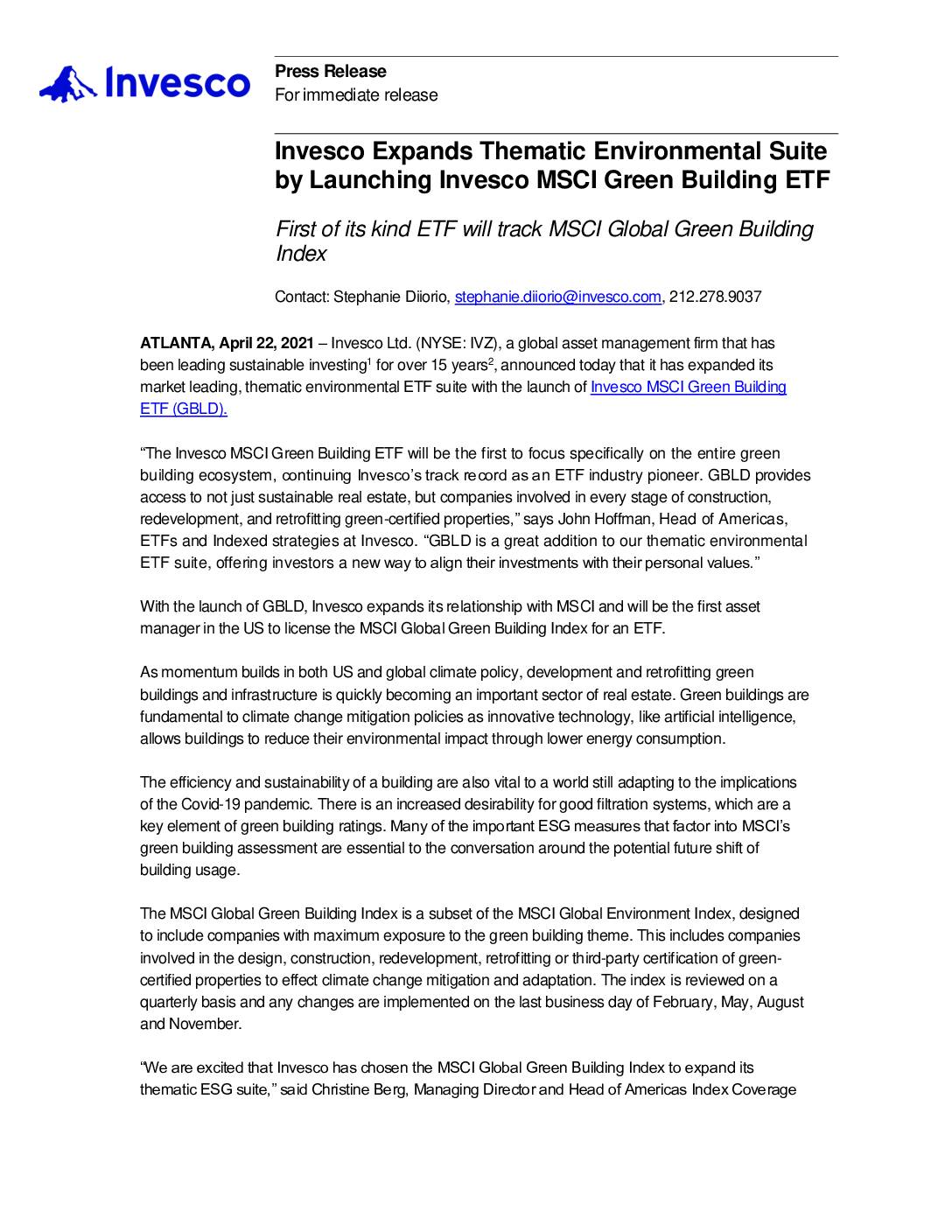 Invesco Expands Thematic Environmental Suite by Launching Invesco MSCI Green Building ETF