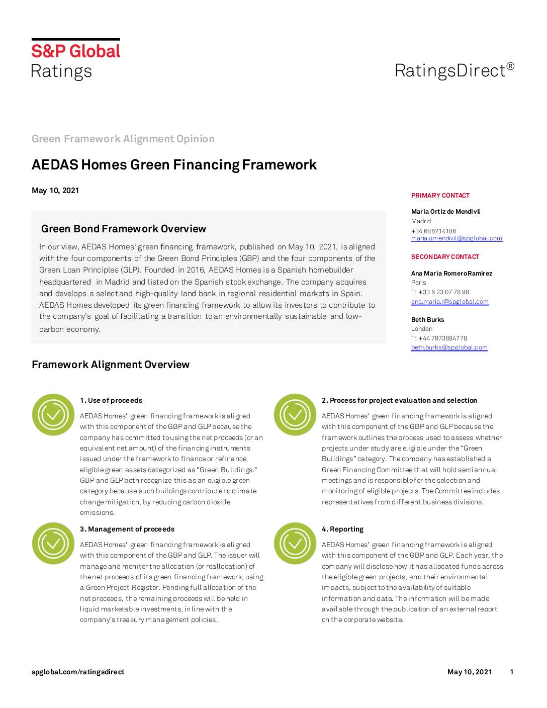 S&P Global Ratings Provides Full Alignment Opinion on AEDAS Homes Green Financing Framework