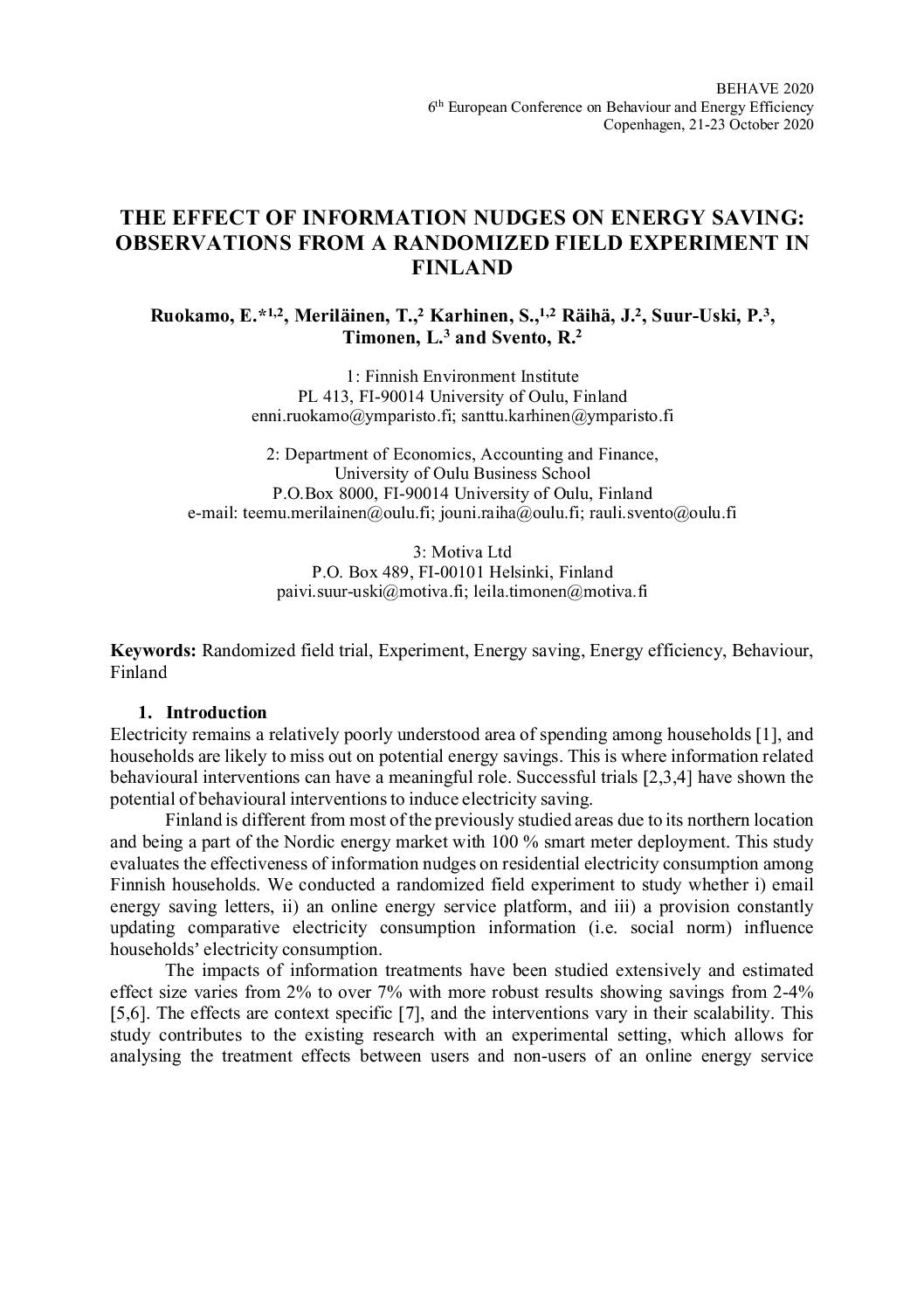 The effect of information nudges on energy saving: observations from a randomized field experiment in Finland