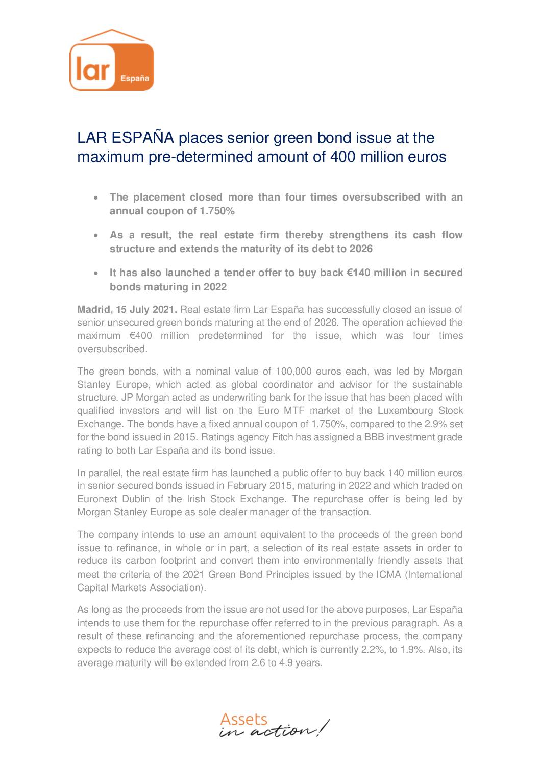 Lar Espana Places Senior Green Bond Issue at the Maximum Pre-Determined Amount of €400mn