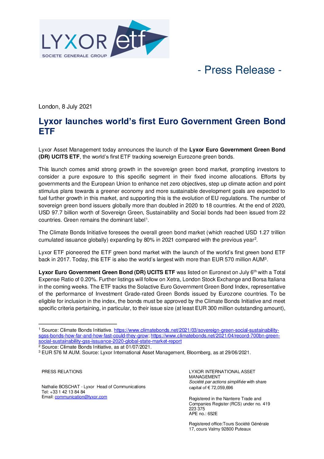 Lyxor Launches World’s First Euro Government Green Bond ETF