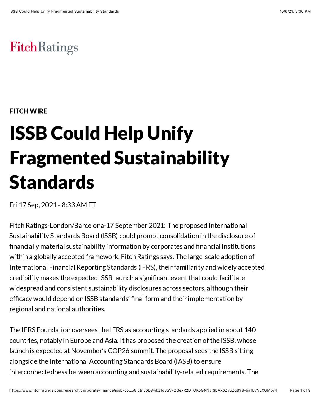 International Sustainability Standards Board (‘ISSB’) Could Help Unify Fragmented Sustainability Standards